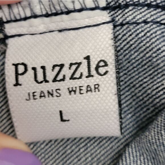 PUZZLE Jeans Vest Jacket Sleeveless Button Up Distressed Patched Women's Size L - Picture 7 of 8